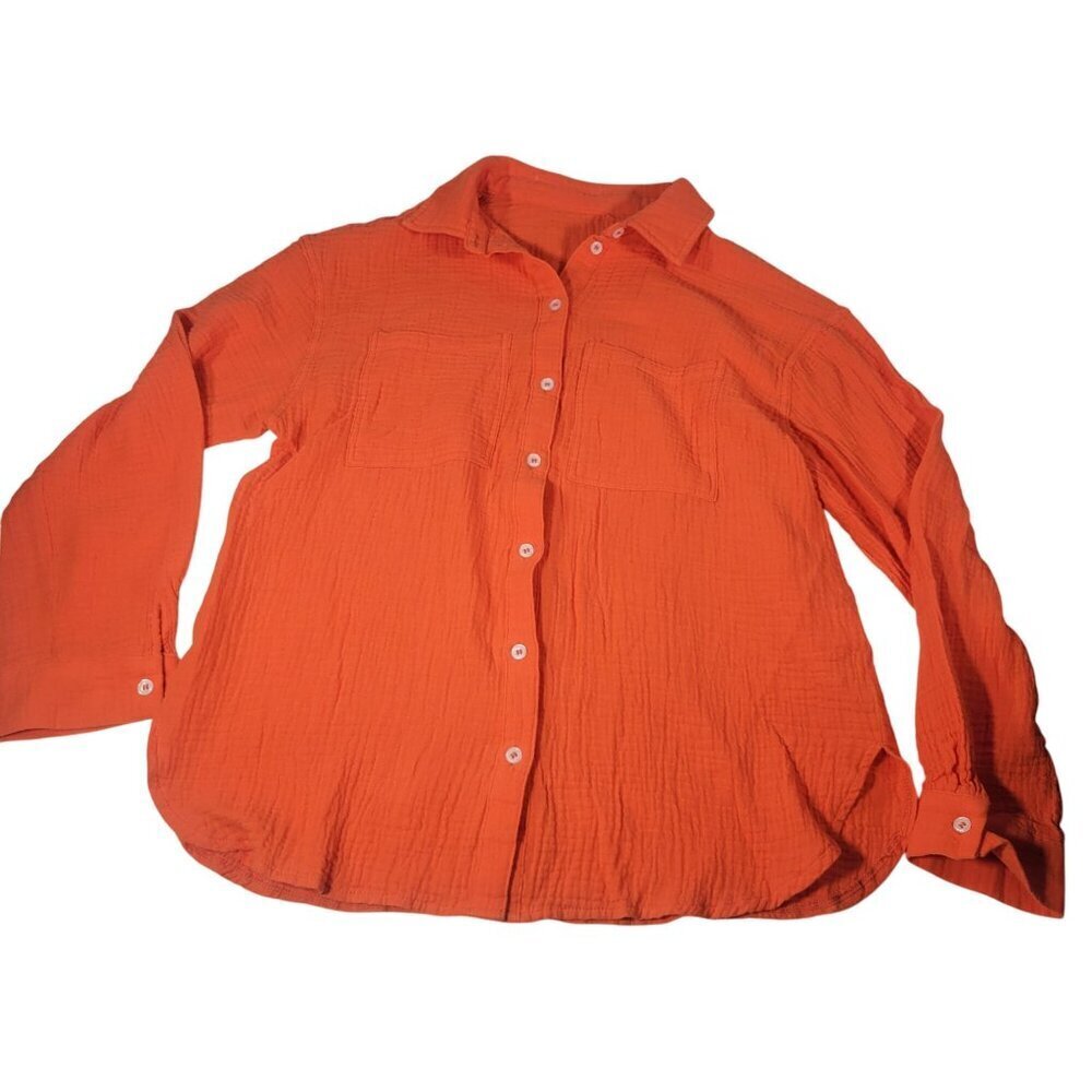 Women Orange Button-Up Shirt 100% Cotton Long Sleeve Collared Size M